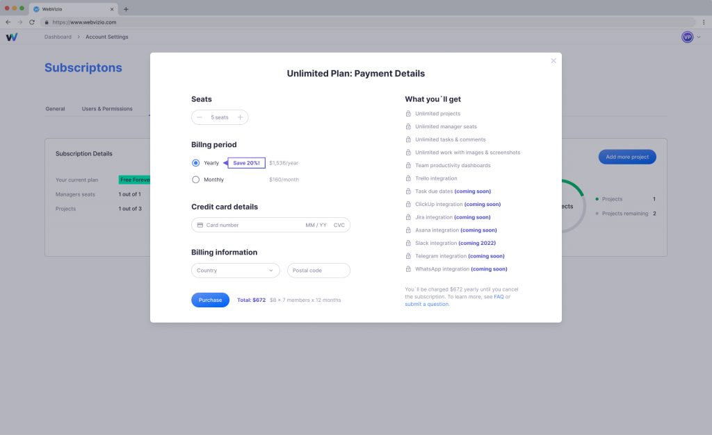 Webvizio - Unlimited plan - Payment details