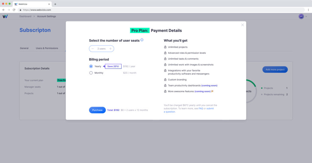 Update Webvizio subscription - payment details 