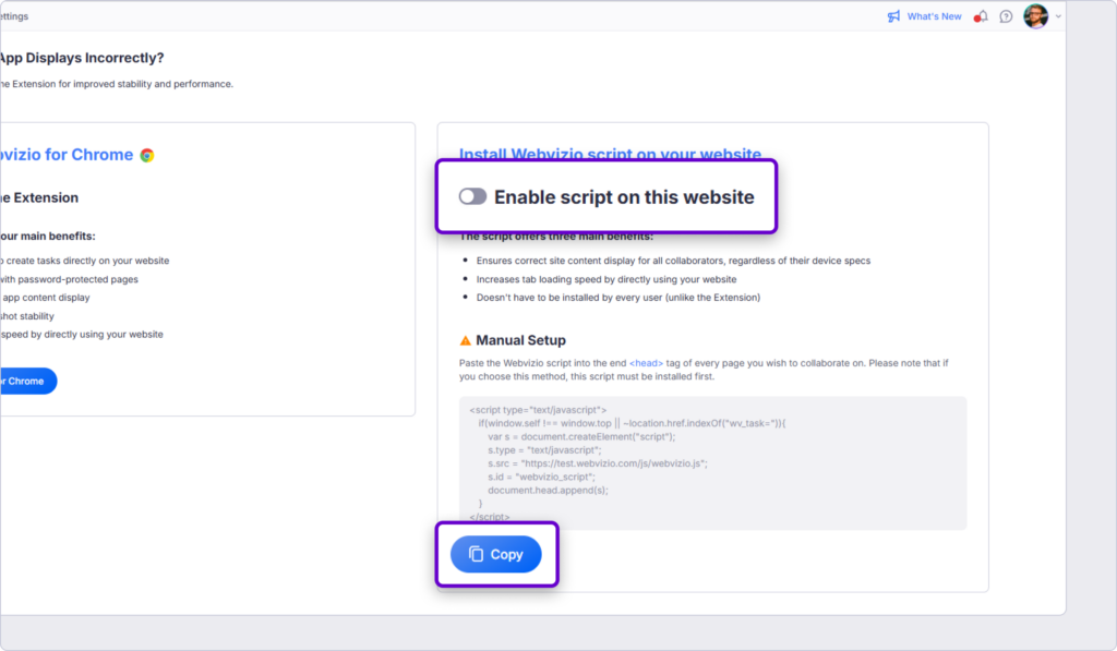 Webvizio project settings with the Enable script on this website toggle and the Copy button for the script code highlighted