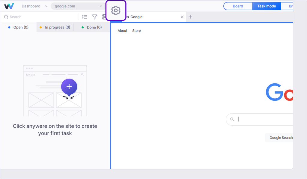 Project settings gear icon highlighted in the top toolbar of a Webvizio website project