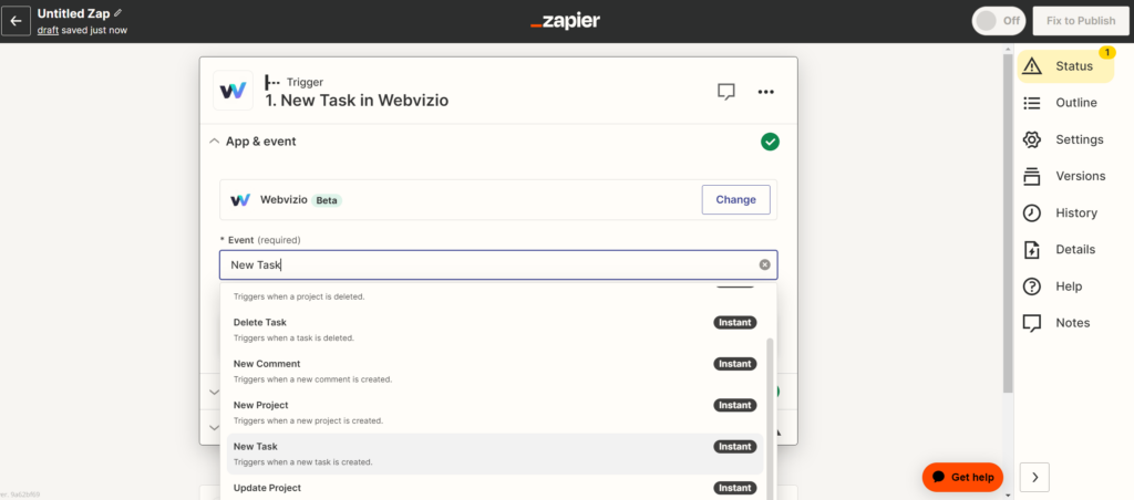 Zapier event - New task in Webvizio