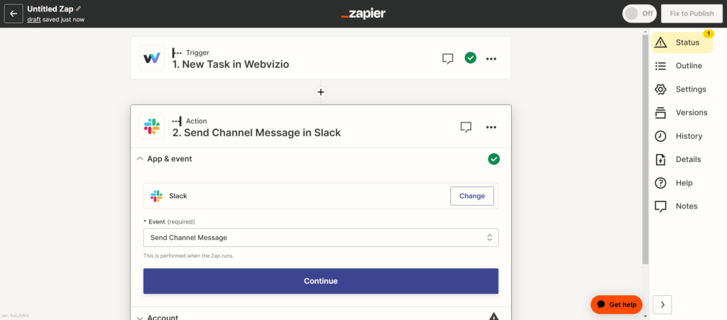 Webvizio tasks - send message in Slack