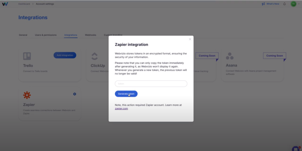 Generate Webvizio token for Zapier Integration