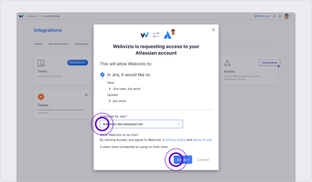 Webvizio and Jira authorization window 