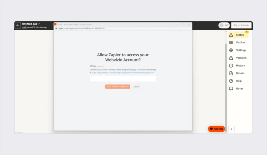 Connect new Webvizio account Zapier