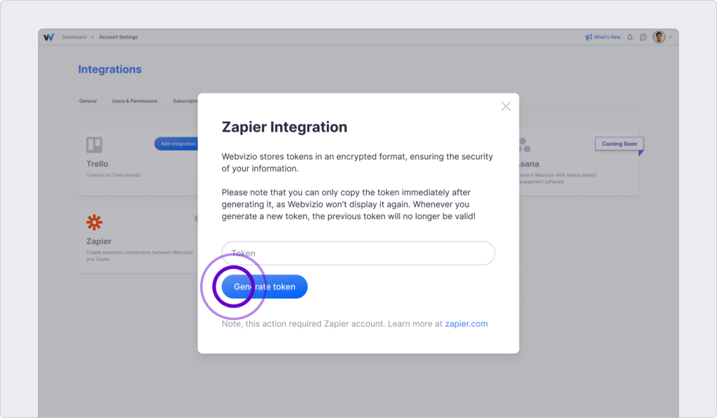 Generate Webvizio token for Zapier Integration