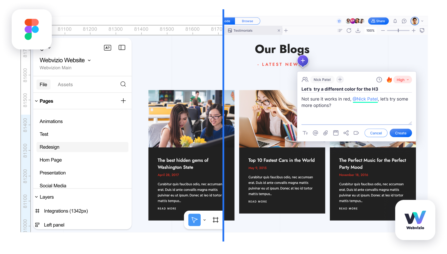 Webvizio Figma integration interface showing desktop view with annotation capabilities on Figma designs
