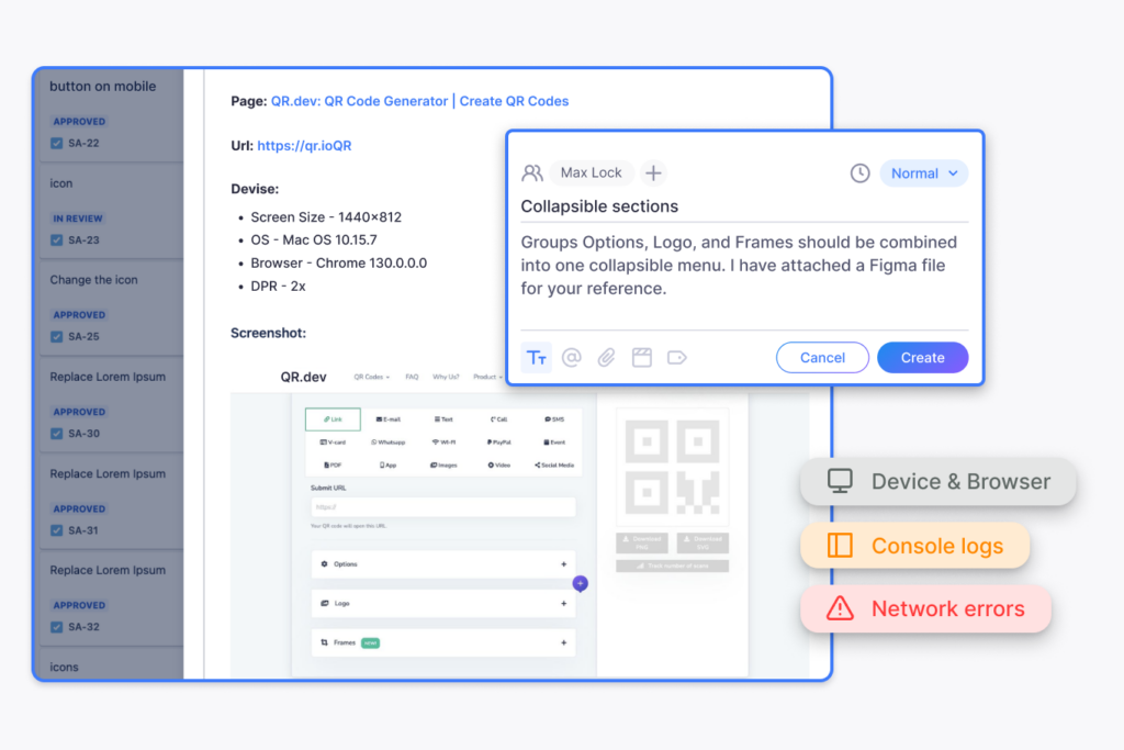 Webvizio generates comprehensive bug reports and issue tickets with a single click.