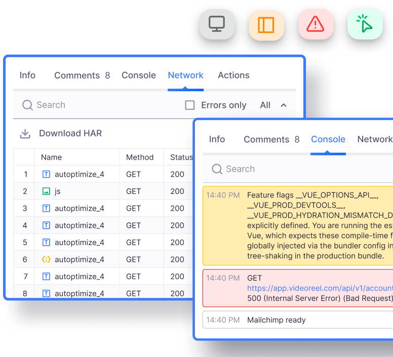 Browser log, console logs, network logs and retro steps