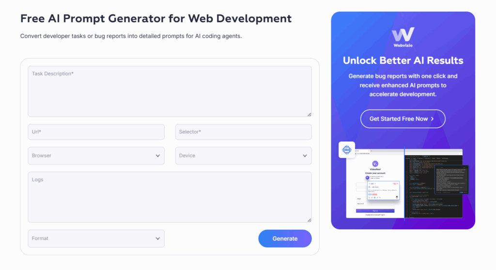 Webvizio Free AI Prompt for Web Development and Bug Resolution