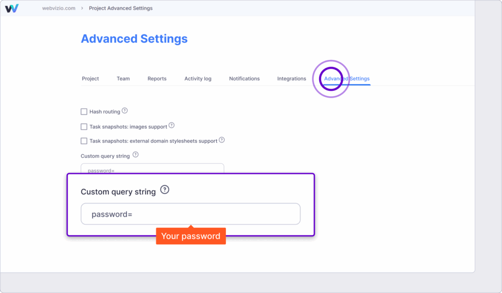 Adding password to the Custom query string in Webvizio