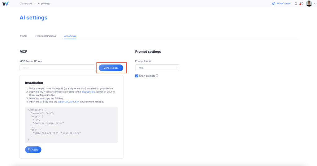 Webvizio AI Settings - Generate API Key