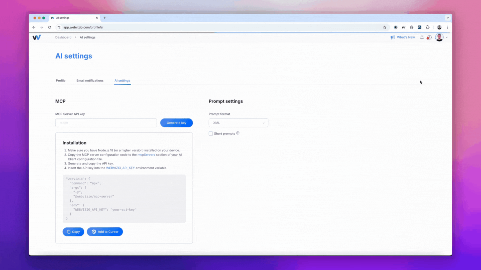 Webvizio MCP - Connect to Cursor ai