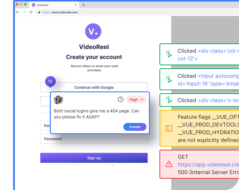 Report bugs directly on your live pages and collect all technical information
