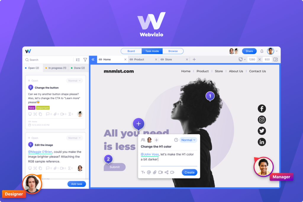 Webvizio web agency client feedback tool showing visual annotations and task management on a live website