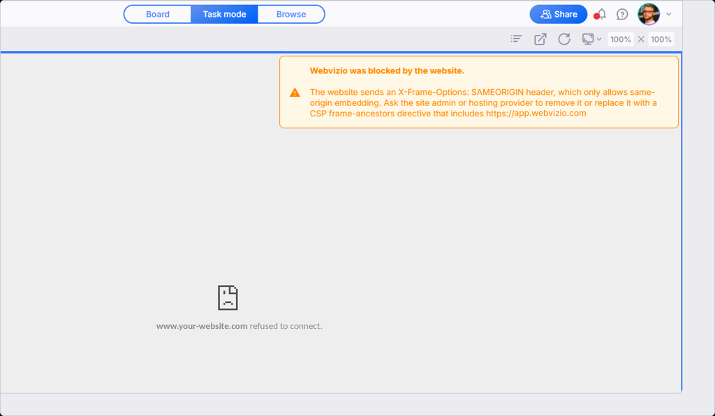 "Webvizio was blocked by the website" warning in a Webvizio project, caused by the X-Frame-Options: SAMEORIGIN header