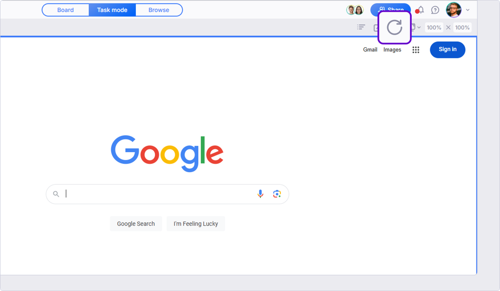 Refresh icon highlighted in the top-right toolbar of a Webvizio website project
